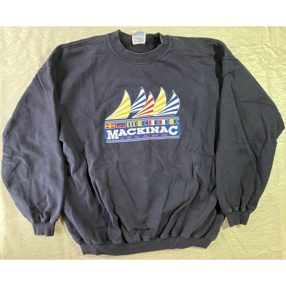Gildan Ultra Cotton Mackinac Island Sailboat Sweatshirt Navy Blue Mens XL